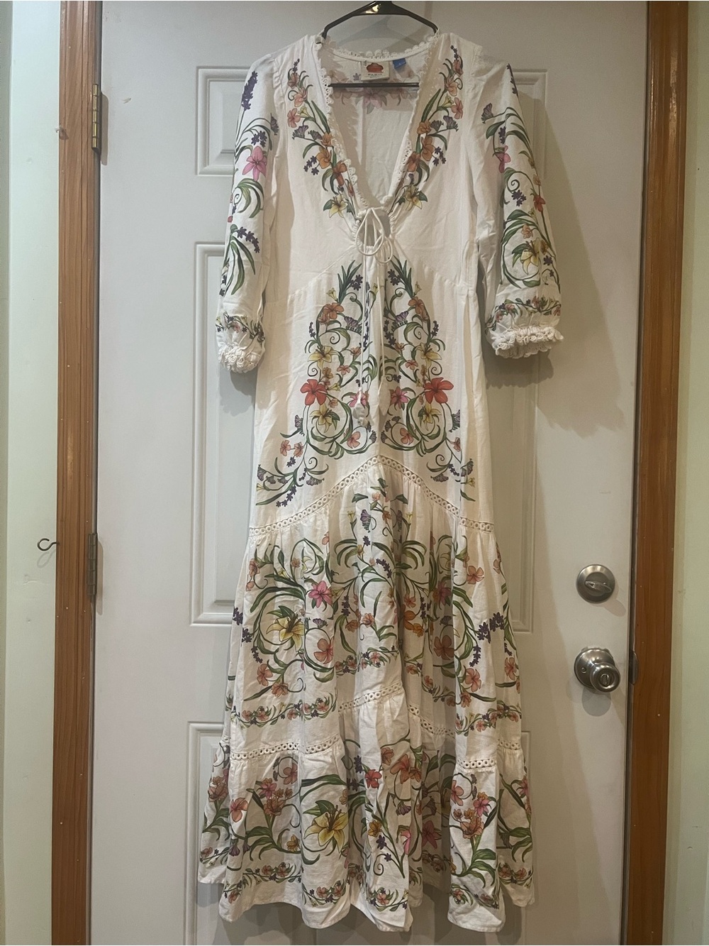 Farm Rio x Anthropologie Boho White Maxi Dress with Floral Embroidery Size Small